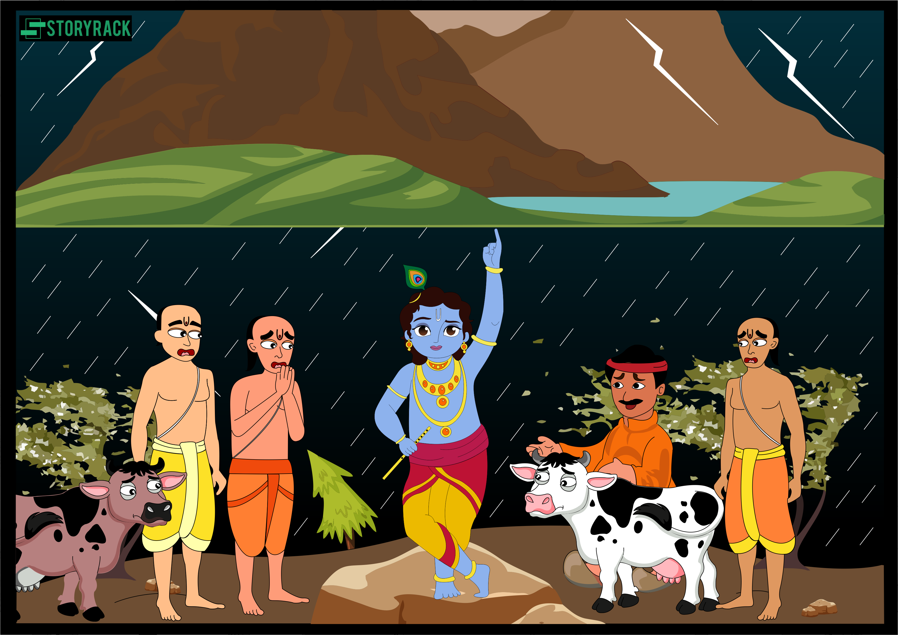 Krishna lifting Govardhan hill